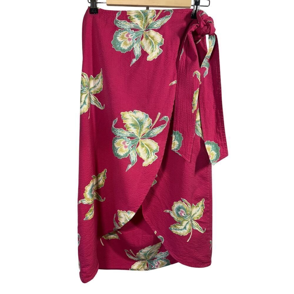 FAHERTY Women's Pacifica Seersucker Floral Print Wrap Midi Skirt Pink Size Small
